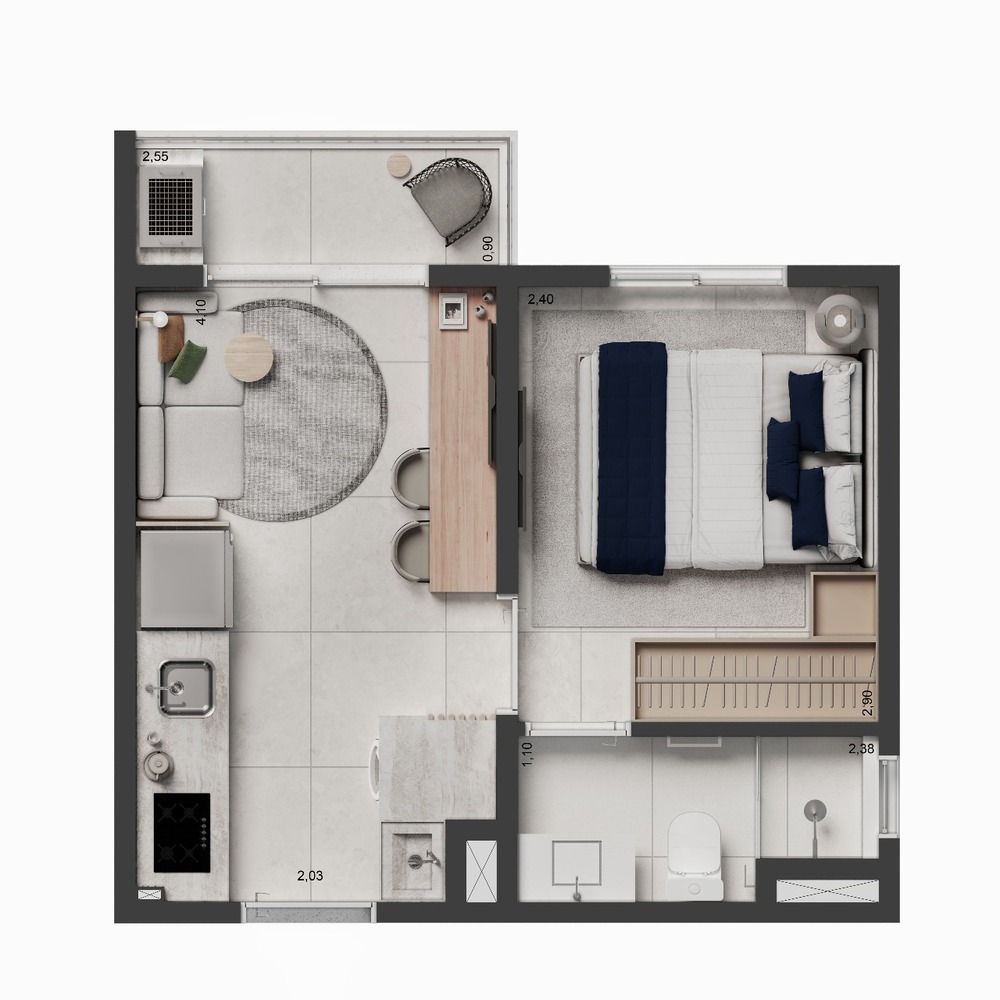 Planta apartamento 1 dormitório - 25m²